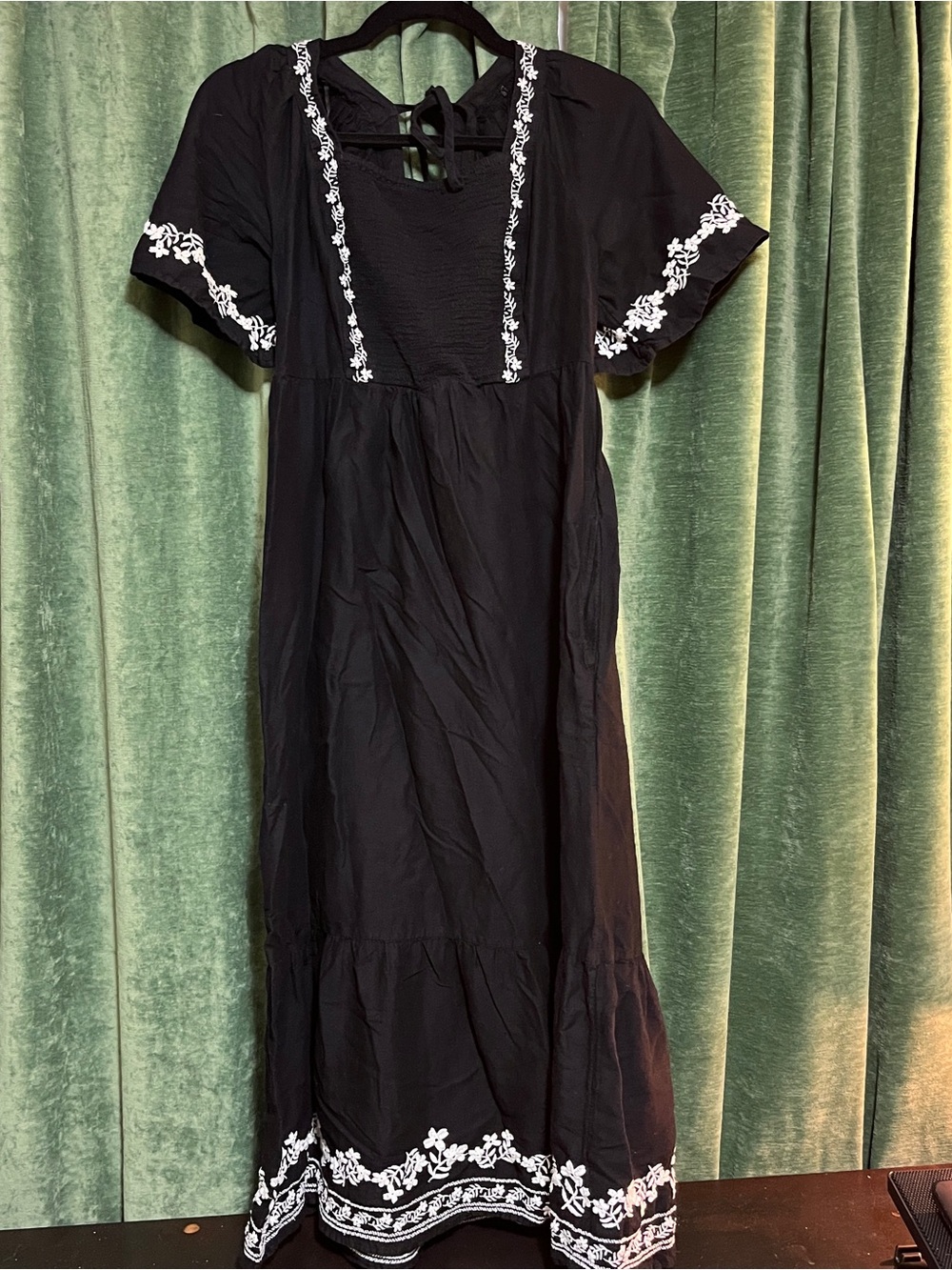 Old Navy Black Midi Dress with White Floral Embroidery